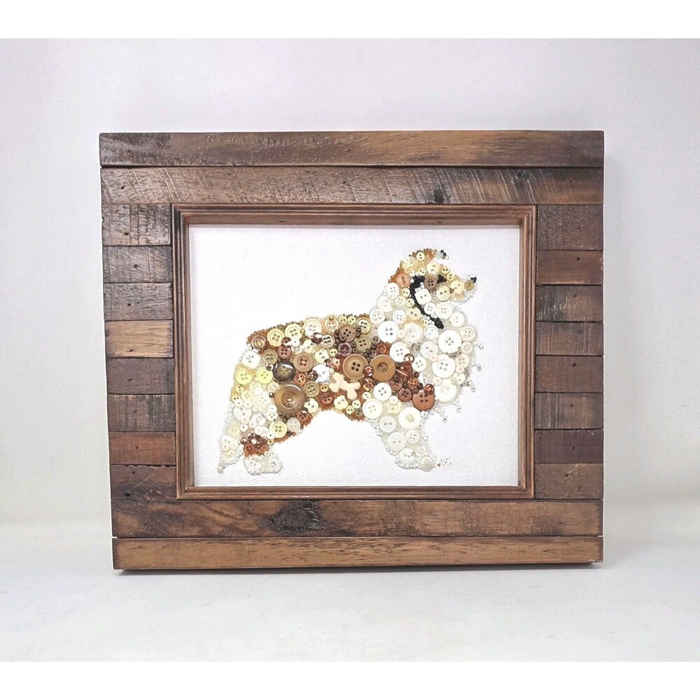 Vintage Shetland Border Collie Dog Button Mosaic Portrait Handmade Frame Picture